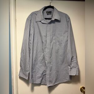 Haggar Men's Blue and White Checkered Dress Shirt 17 1/2 Great for Office